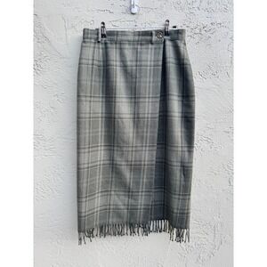 Ralph Lauren Womens Gray Green Plaid Wool Fringe Skirt 12P Academia Heritage